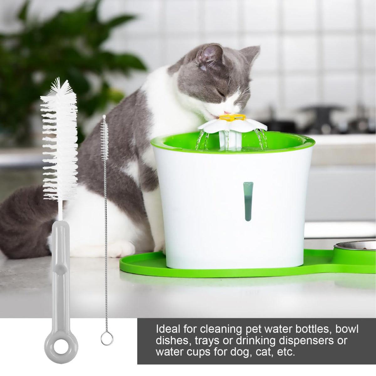 ERINGOGO 1Set Pet Feeder Water Fountain Cleaning Set Tools with Long Handle Brushes for Efficient Daily Care for Dog Cat Owners Gray