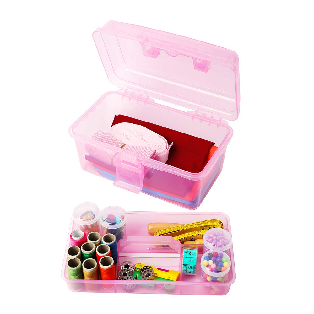 BangQiao Multipurpose Plastic Storage Container Organizer Box Case with Removable Tray and Handle for Art, Craft, Sewing Supplies, Clear&Pink