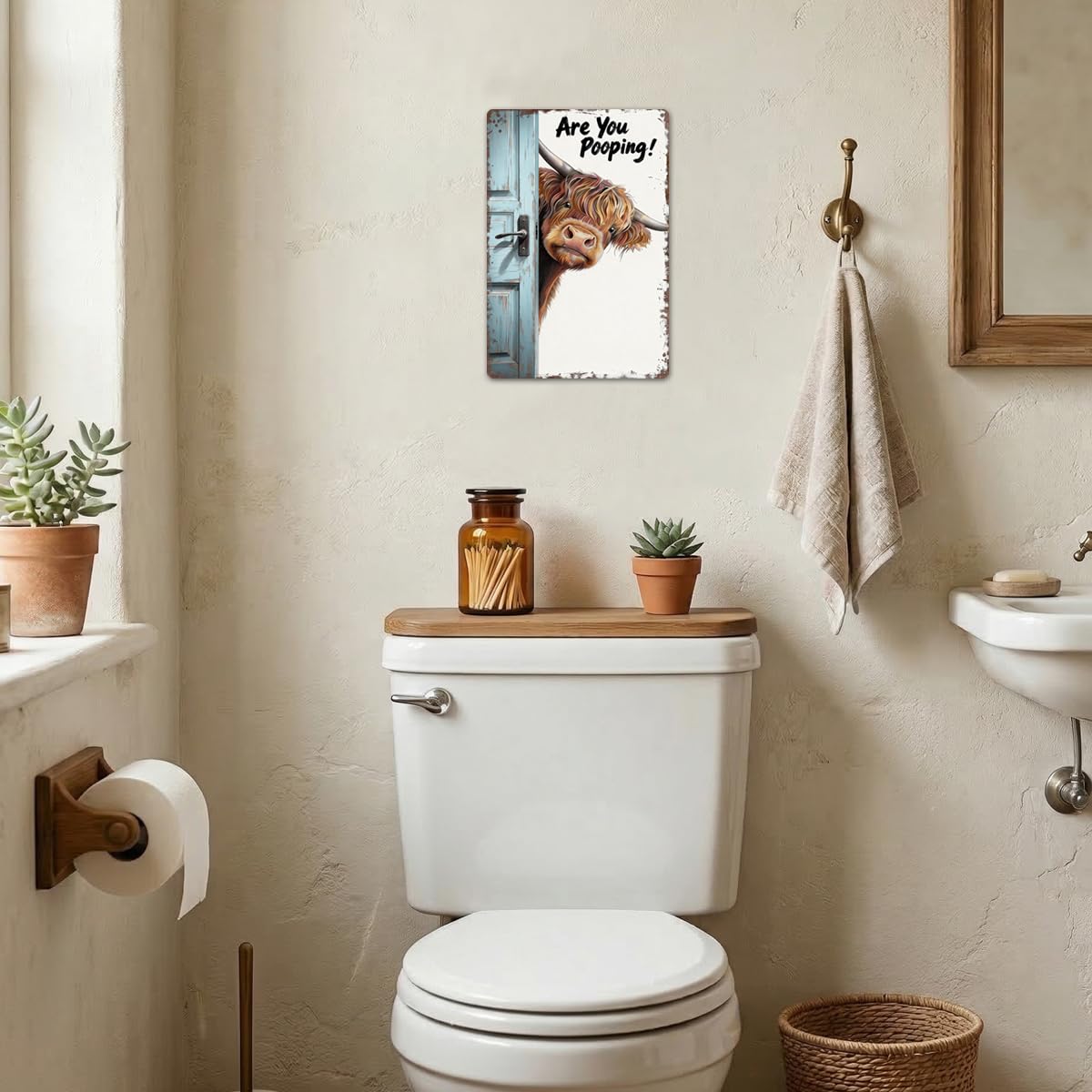 Funny Highland Cow Bathroom Sign - "Are You Pooping" Metal Tin Wall Art - Rustic Farmhouse Restroom Decor, Gag Gifts 8x12 Inch（26002）