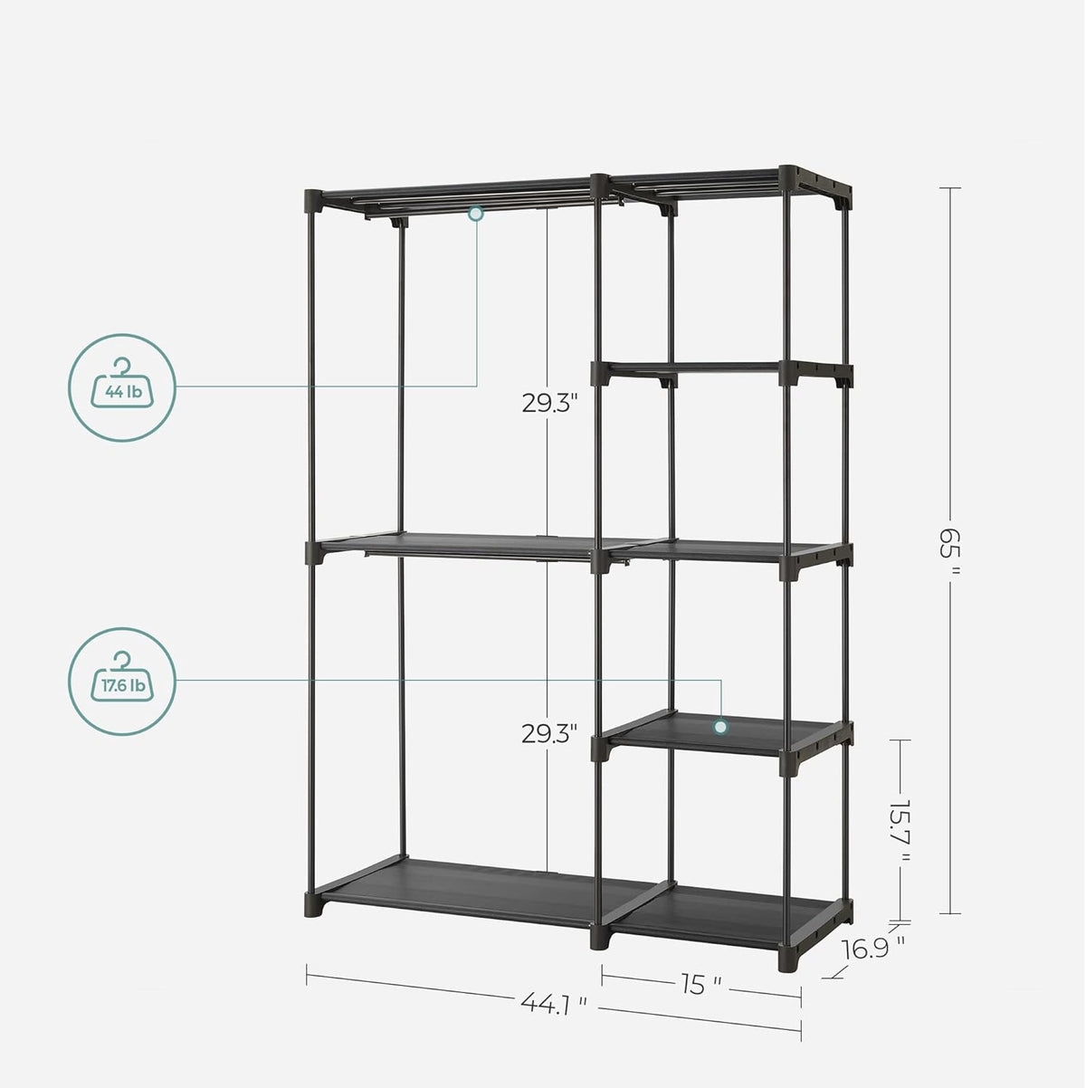 SONGMICS Portable Closet - Freestanding Clothes Organizer with Shelves & Hanging Rods | Black, 44.1 x 16.9 x 65 Inches