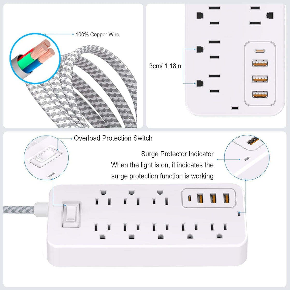 Roopersnake 8 4 Ports(1 Bluetooth Portable Speakers Extension Cord Surge Protector Power Strip - Flat Plug Braided