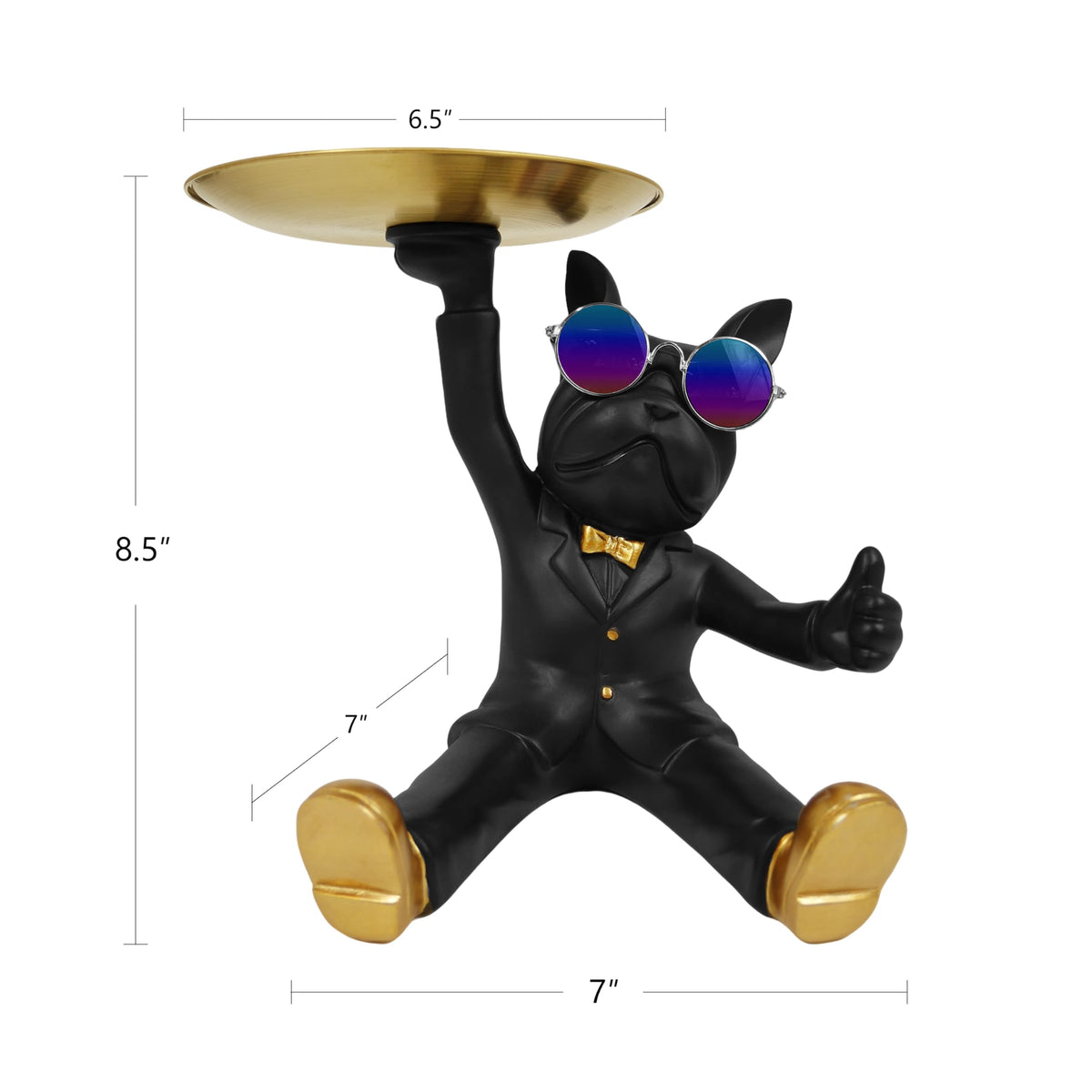 Cozy Villa French Bulldog Tray Statue, Black Frenchie Sculpture with Gold Tray for Entrance Coffee Table Décor, Dog Key Holder Jewelry Trays