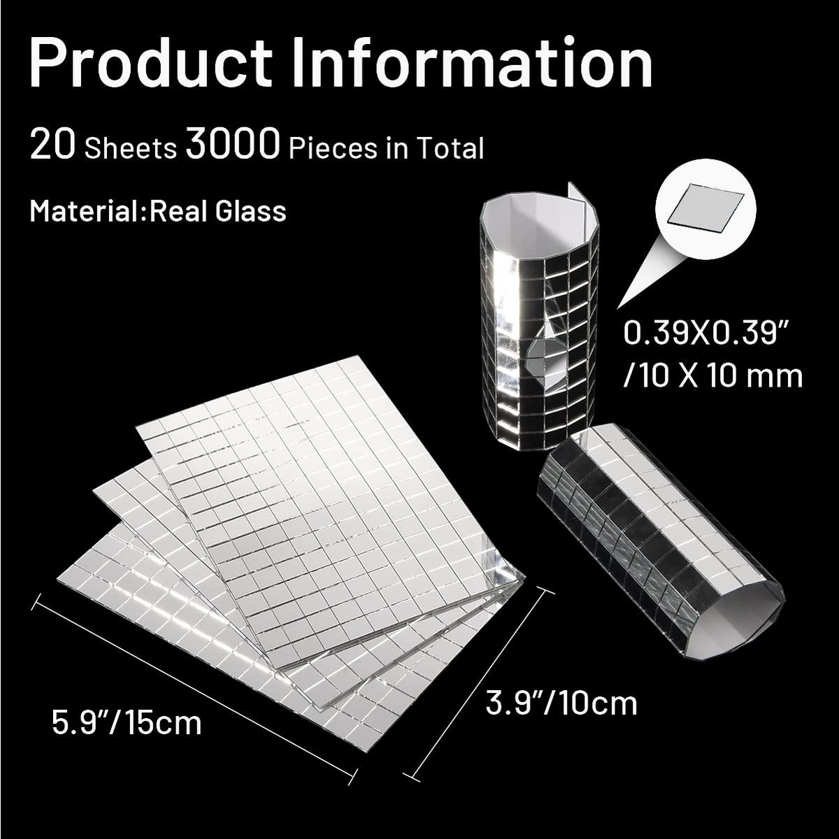 PP OPOUNT 3000 PCS Mirror Tiles Self Adhesive, 10x10mm Disco Tiles for DIY Craft, Home & Party Decoration, Sparkling Glass Mirror Mosaic Tiles for DIY Craft Decoration, Art Collage (Silver)