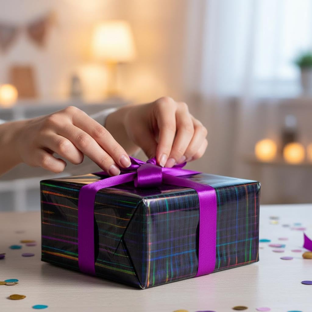 komforbaa Black Gift Wrapping Paper, Metallic Iridescent Holographic Gift Wrap with Rainbow Grid Design, for Birthday, Graduation, Holiday, Party, Wedding, Father's Day, 17InX 33 Ft (43cm×10m)