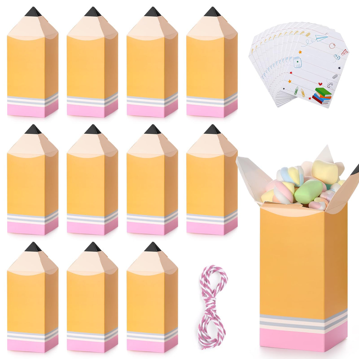 Sinasasspel 12Pcs Back to School Pencil Gift Boxes with Cards Thank You Teacher Candy Gift Boxes Pencil Treat Boxes for Teacher Appreciation School Classroom Party Favor Supplies