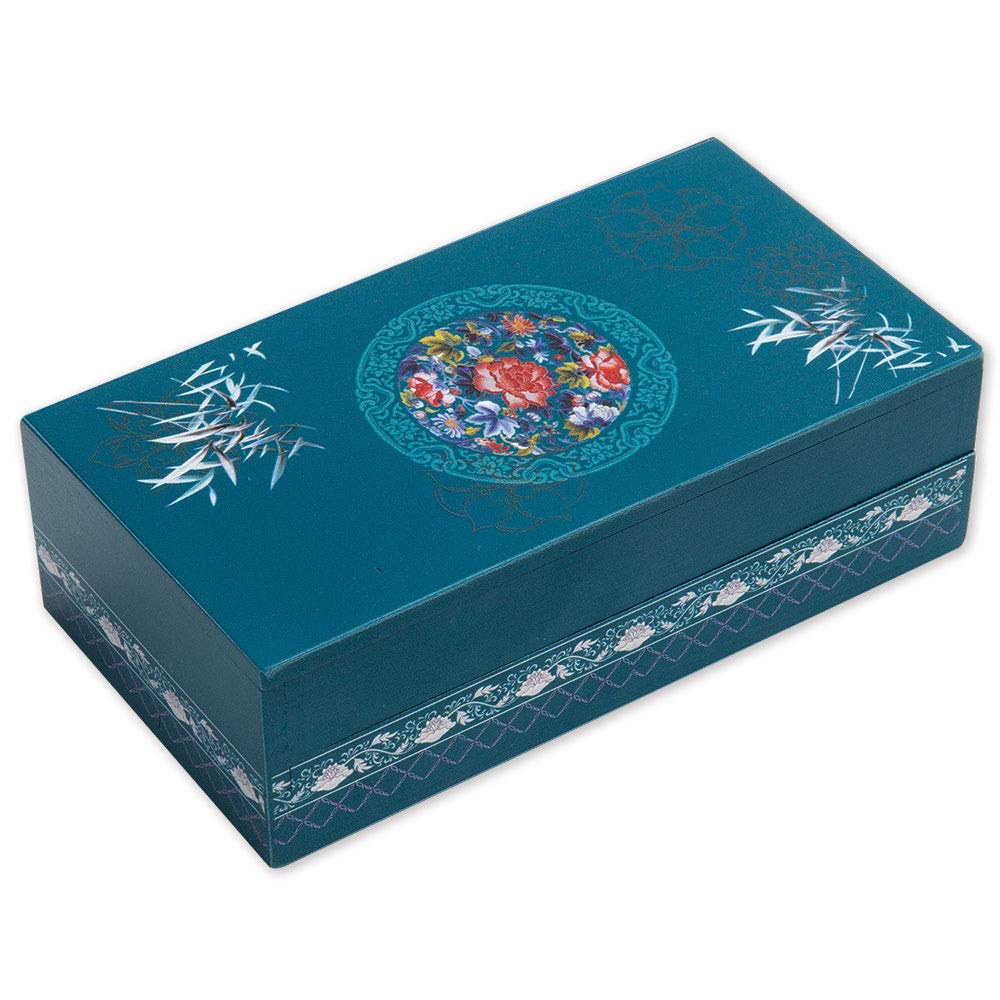 Bits and Pieces 8 Step Secret Puzzle Box Chinese Bamboo Puzzle Gift Box for Trinkets Money Gifts Jewelry, Peony Artwork, Teal Blue Brainteaser, 3.25 x 6.25 x 2 Inches