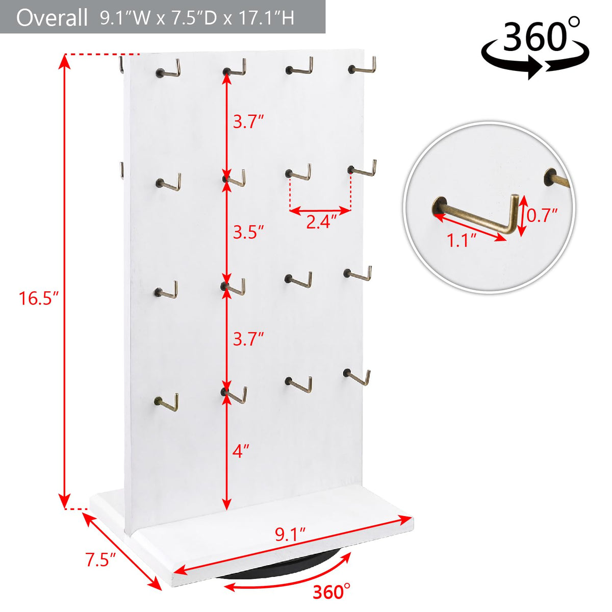 MOOCA Wooden Rotating Two-Sided Jewelry Display Stand, Rotating Organizer with 32 Long Hooks for Store, Keychain Earring Display, White color, 9.1W x 7.5 D x 17.1 H in