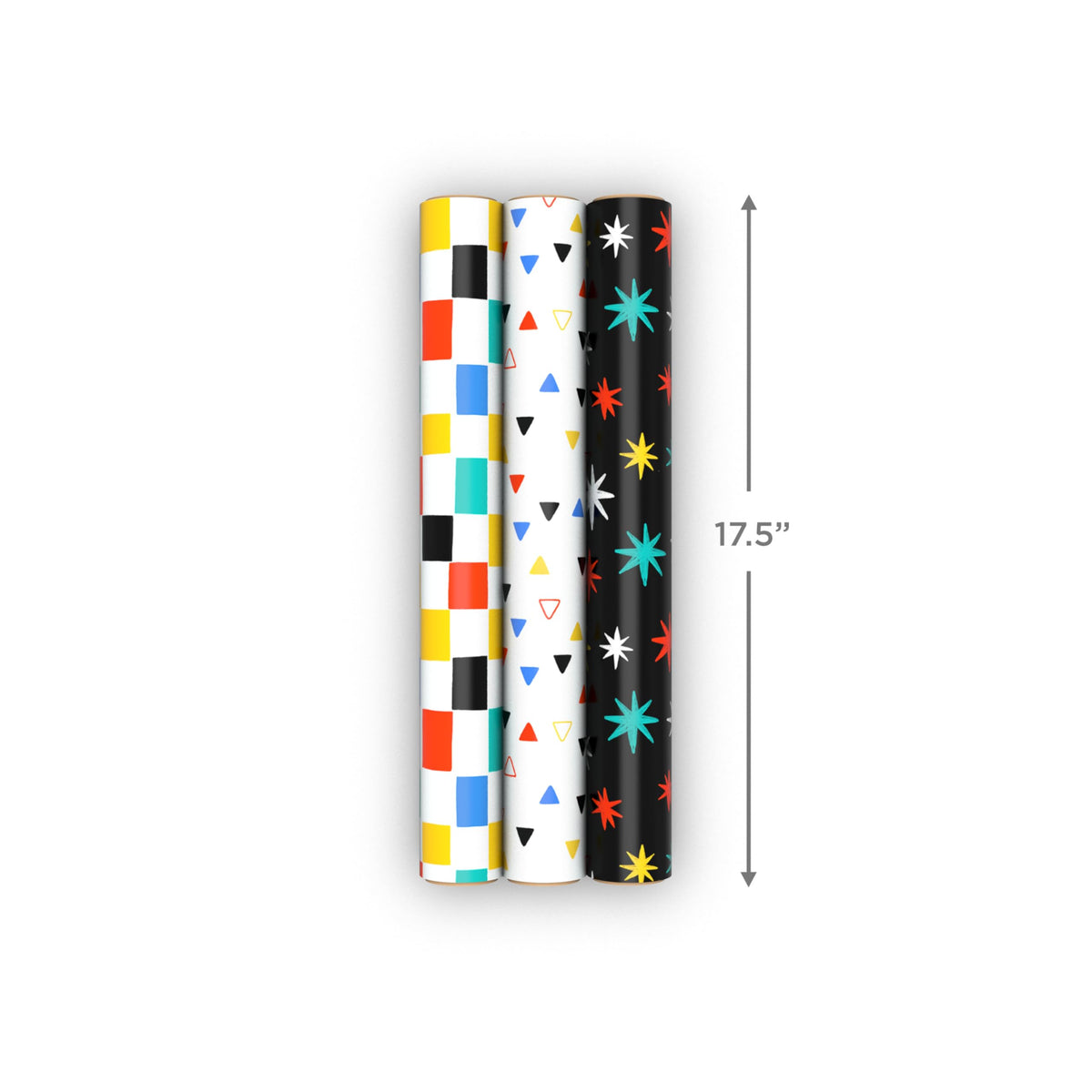 Hallmark Wrapping Paper Mini Rolls, 3-Pack (Checkered, Triangles, Starbursts) for Birthdays, Graduations, Mother's Day, Father's Day, Any Occasion - 45 Sq. Ft. Total
