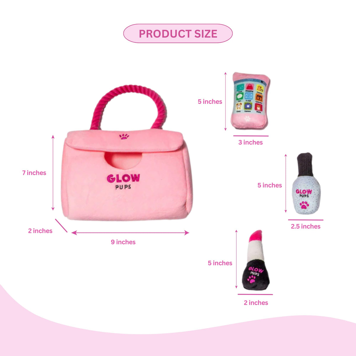 Glow Pups "Fashion Forward Walking Bundle: Pink Designer-Style Plush Purse Dog Toy Set (Includes Paw-Phone, Lipstick, Nail Polish) + Matching Light Pink Hands-Free Rope Dog Leash (5-Piece Set)