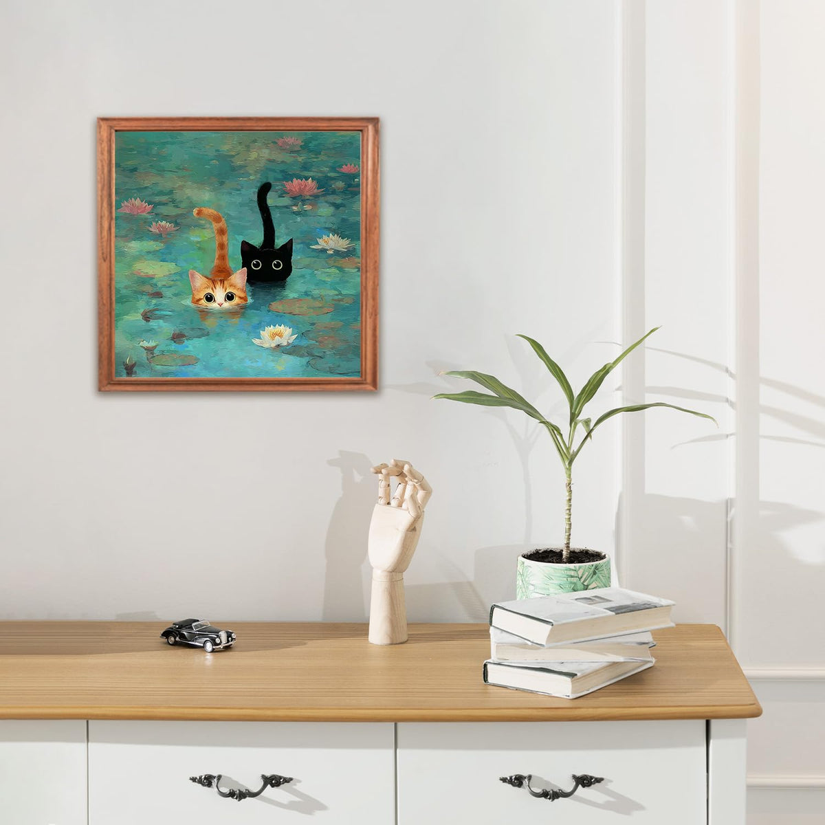 RLTXBUK Whimsical Black Orange Cat Diamond Art Kits, Monet Inspired Water Lilies Kitten Gem Diamond Painting Art Kits for Adults Beginners, Cat Mom Lovers Lady Gifts for Women 11.8x11.8 Inch