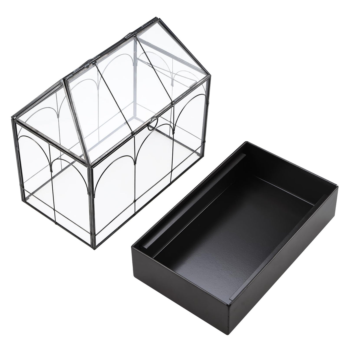HighFree Glass Terrarium with Metal Tray, Glass Greenhouse Terrarium Kit for Succulents, Cacti, Snails, Spiders, and Miniature Reptiles, Black (Large-9.45" L x 5.7" W x 11.8" H)