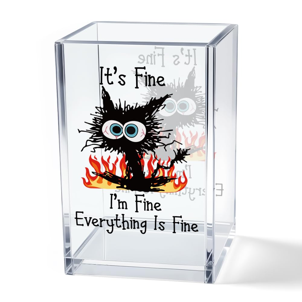 Vgrti It's Fine I'm Fine Acrylic Cosmetic Pencil Pen Holder Cup, Funny Black Cat Pen Holder Cup, Cat Lover Gift for Women Men, Office Sarcastic Gifts for Women Men Colleague Boss