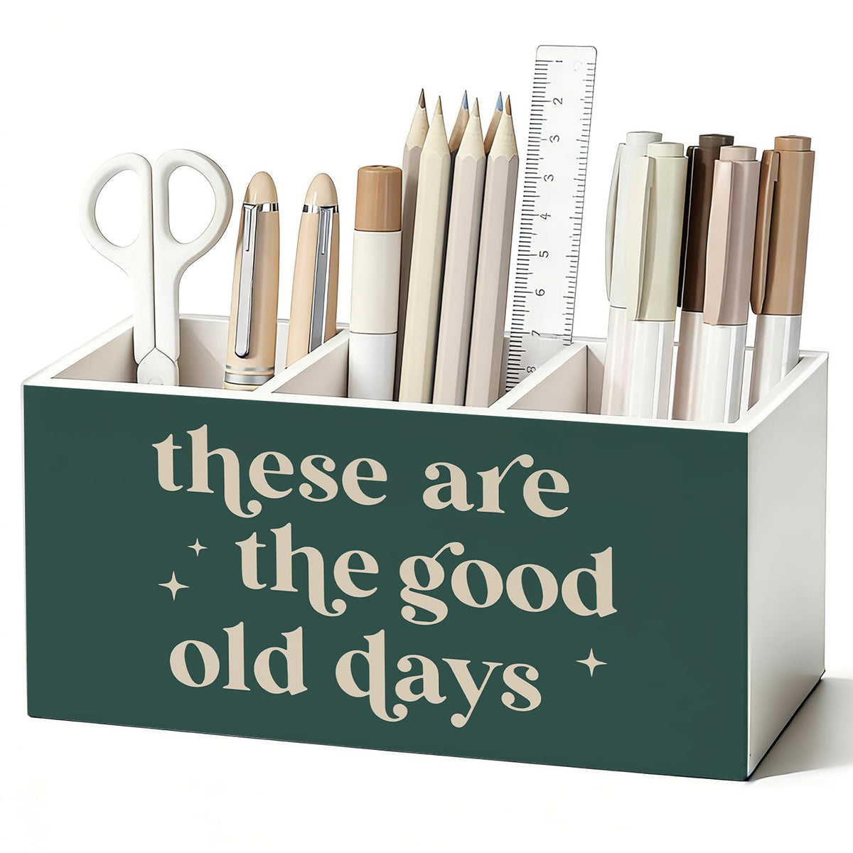 SkyCozy Green Inspirational Pen Pencil Holder for Desk, Motivational Inspirational Gifts, These Are the Good Old Days Positive Affirmation Wooden Box Sign Decorations for Home Office Desk Tabletop
