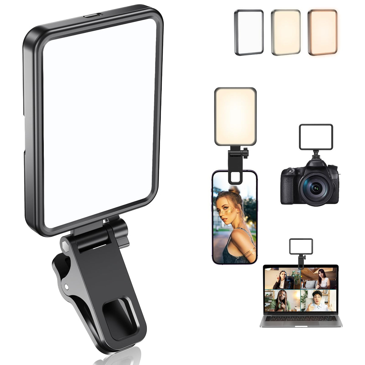 Datarm Rechargeable Soft Selfie Light for Phone, Camera, Laptop, 4-14H Battery Portable LED Light for Pictures, Phone Light Clip for Selfie, Vlog, TikTok, Makeup, Video Conference Black