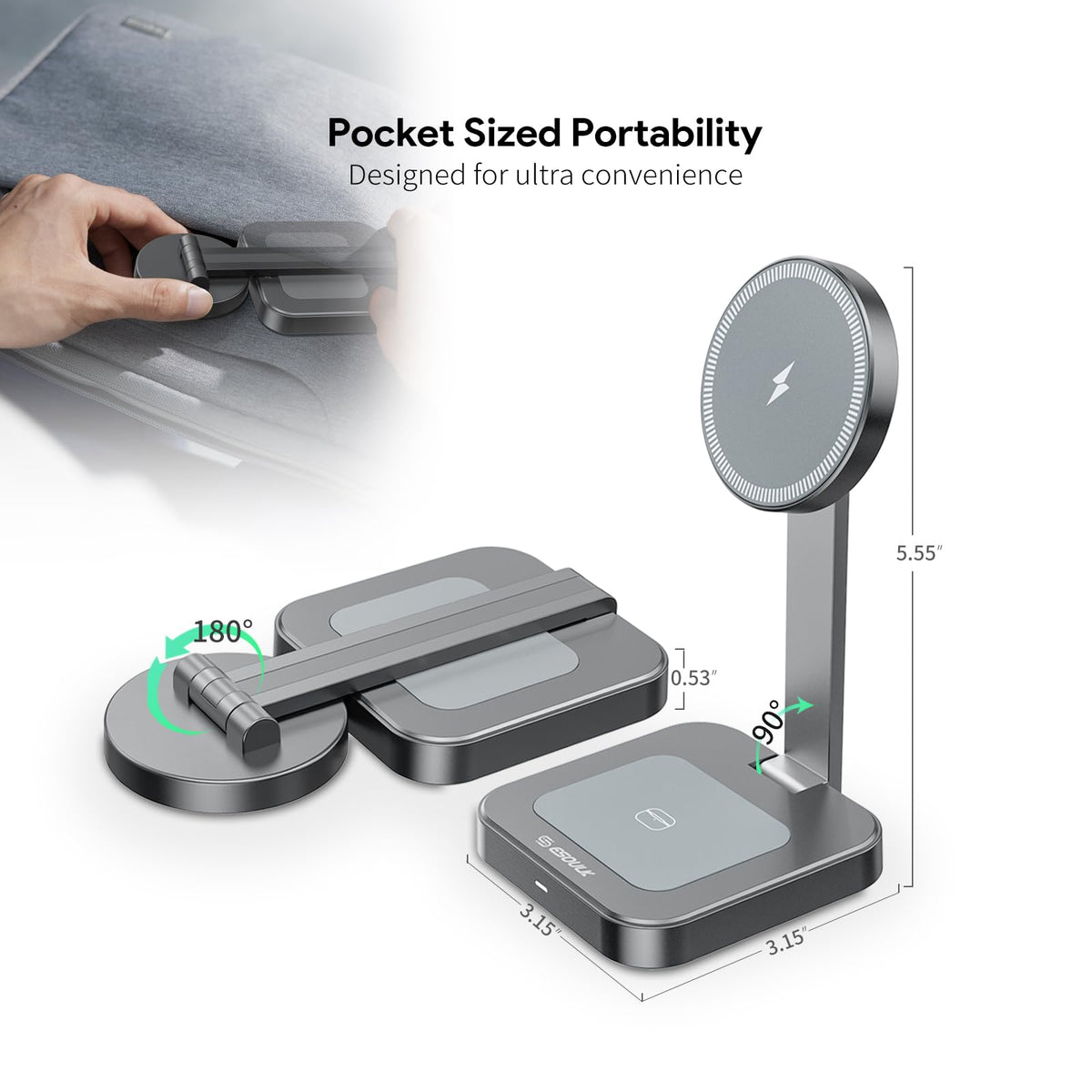 Esoulk 2 in 1 Magnetic Wireless Charging Station, Foldable Charger Stand for iPhone 17/16/15/14, AirPods Charging Pad, Travel Compact 15W Fast Wireless Charger