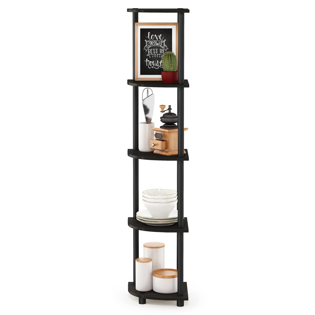 Furinno TURN-N-TUBE Corner Shelf, 5-Tier Corner Bookshelf, Open Storage Shelves, for Organization and Storage, Living Room, Home Office, Garage, Bedroom, Espresso
