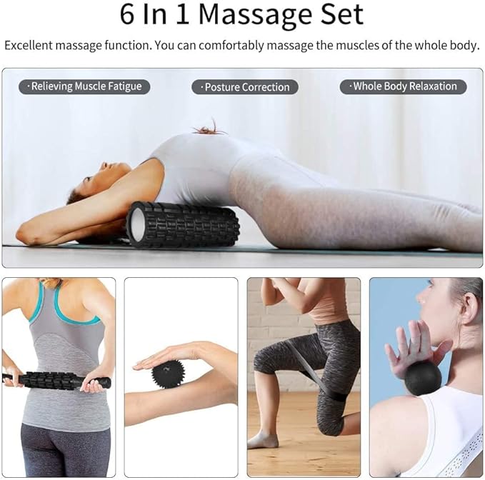 6 in 1 Foam Roller Set Includes Hollow Core Massage Roller, Yoga Stick, Massage Ball, Fitness Stretching Strap, Carrying Bag, Towel, Massage Roller (Black)