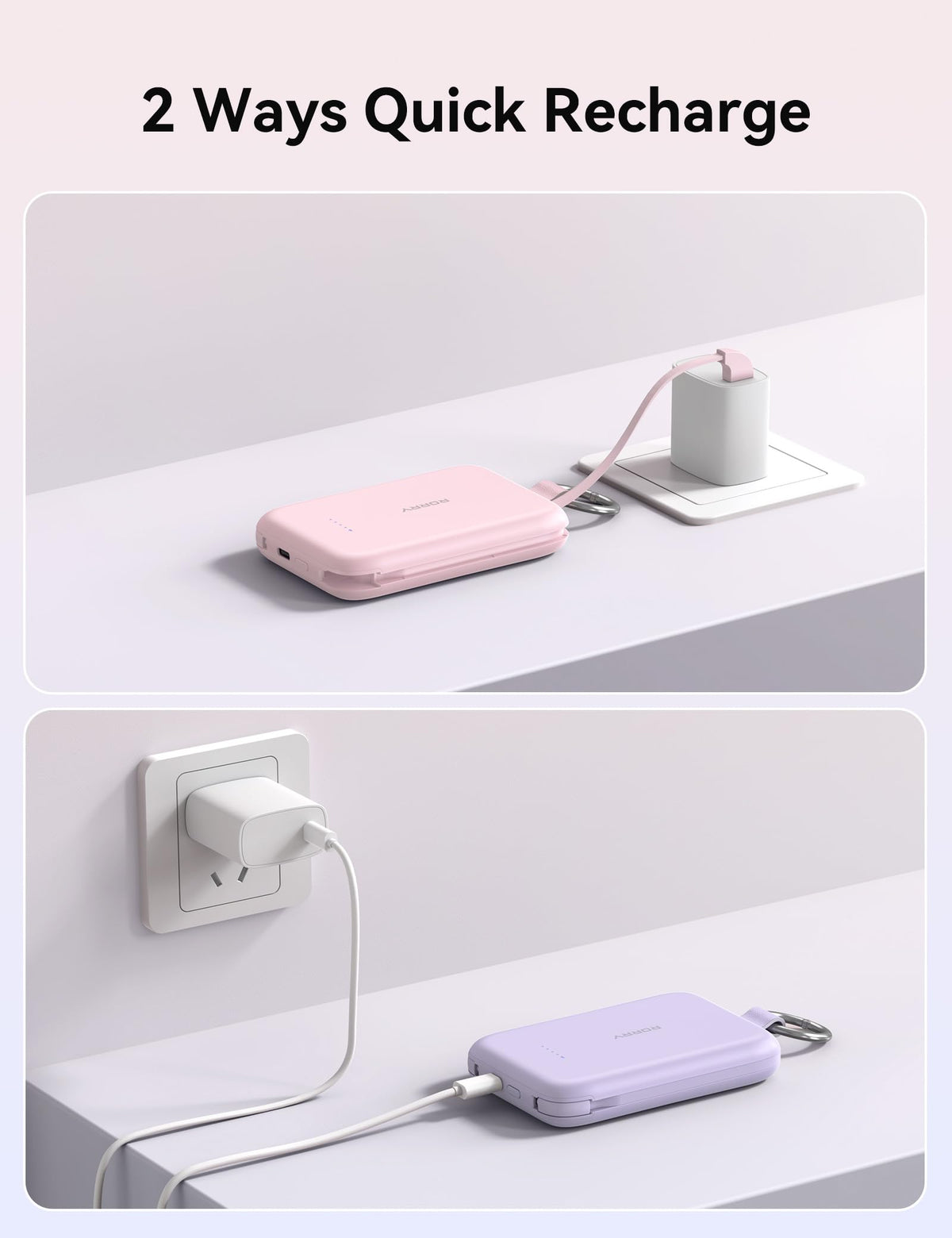 RORRY Portable Charger, 10000mAh PD 30W Fast Charging Portable Charger Power Bank with Built-in Cables, Travel Keychain Charger Battery Pack for iPhone 17/16/15/14/13/12, for AirPods 2/3/4/Pro, Pink