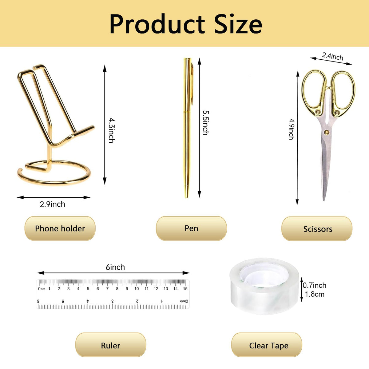 suniya Office Supplies,Gold Desk Accessories,with Stapler,Tape Dispenser,Pen Holder,Scissors,Phone Stand,Staple Remover,Ballpoint Pen,Clear Tape, Staples,Ruler,Clips,Best Gift for Business or Boss