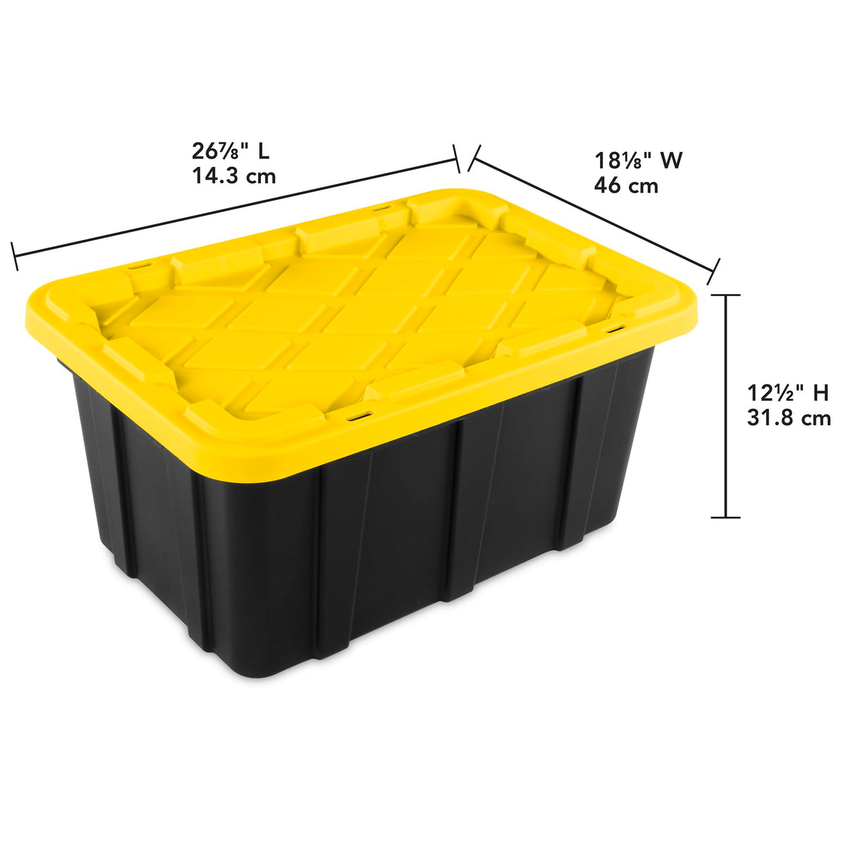 Sterilite 17 Gal Industrial Tote, Stackable Storage Bin with Snap-Fit Lid for Garage, Basement & Attic Storage, Black Base and Yellow Lily Lid, 6-Pack