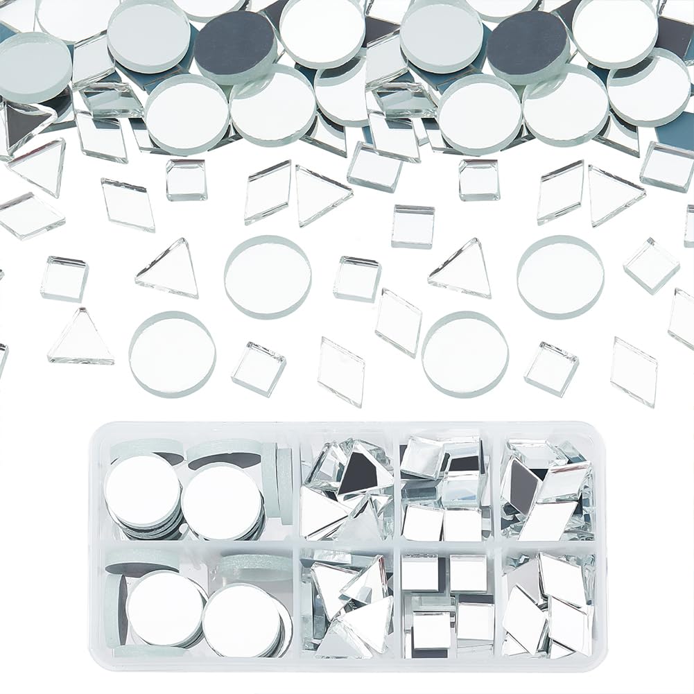 PH PandaHall 2.5~4mm Thick Mirror Tile, 180pcs 4 Shapes Mosaic Tiles Glass Mirrors Round/Triangle/Rhombus/Square Decorative Craft Mirrors DIY Tiles Mirror Pieces for Crafts Art Wall Home Jewelry Frame