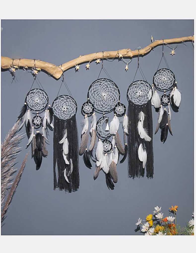 5 Pack Moon Phase Dreamcatcher Set Boho Wall Decor, Boho Macrame Wall Hanging Dream Catchers, for Home, Bedroom, Living Room, Witchy Gifts (Black)