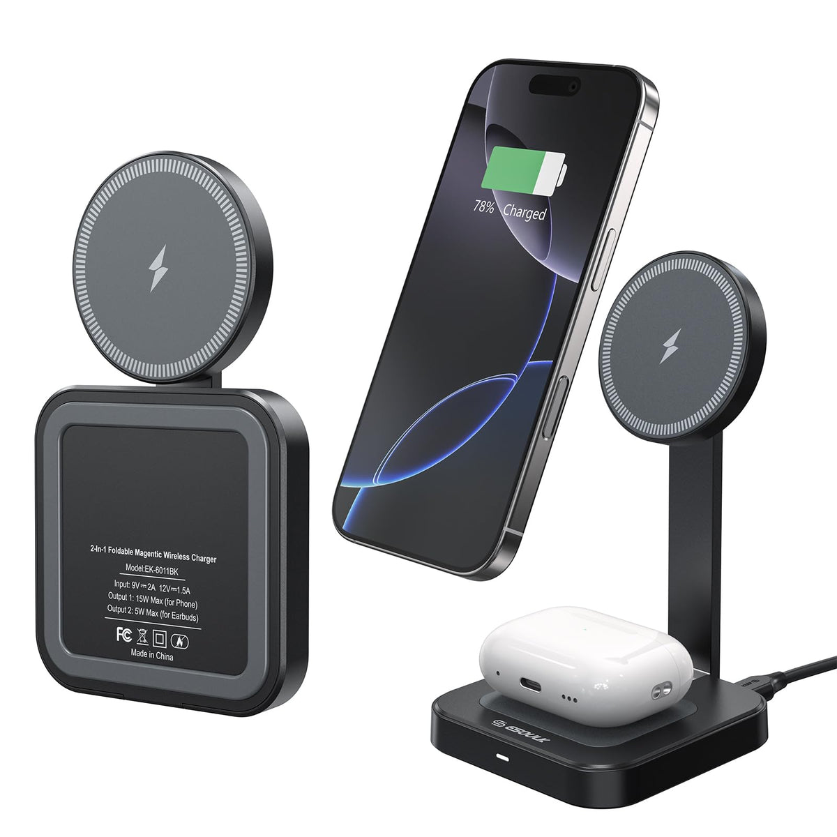 Esoulk 2 in 1 Magnetic Wireless Charging Station, Foldable Charger Stand for iPhone 17/16/15/14, AirPods Charging Pad, Travel Compact 15W Fast Wireless Charger