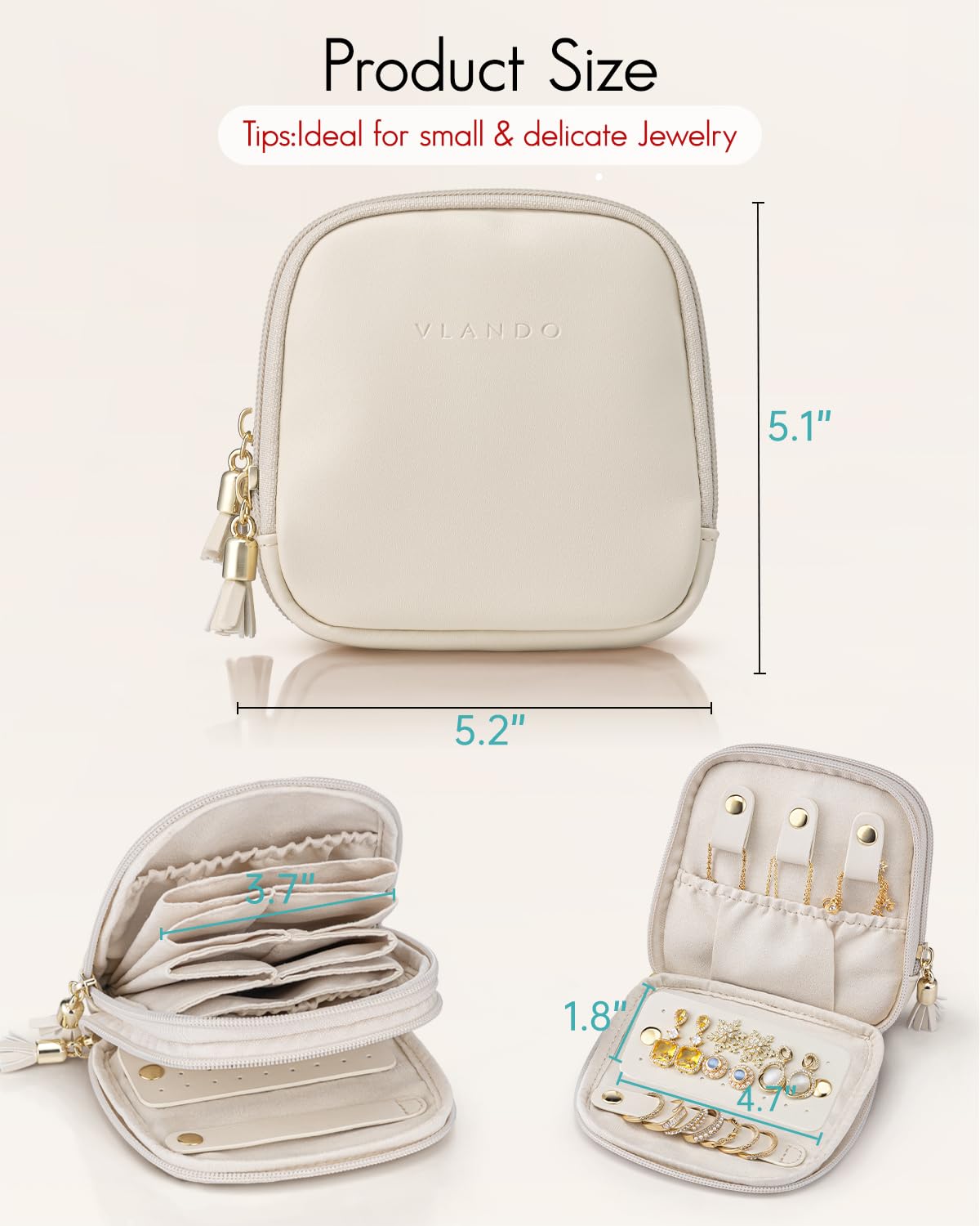 VLANDO Travel Jewelry Case,2-Layer Jewelry Organizer for Travel,Mothers Day Mom Gifts,Multi-Compartment Jewelry Storage for Rings Earrings Necklaces Bracelets-Cream White