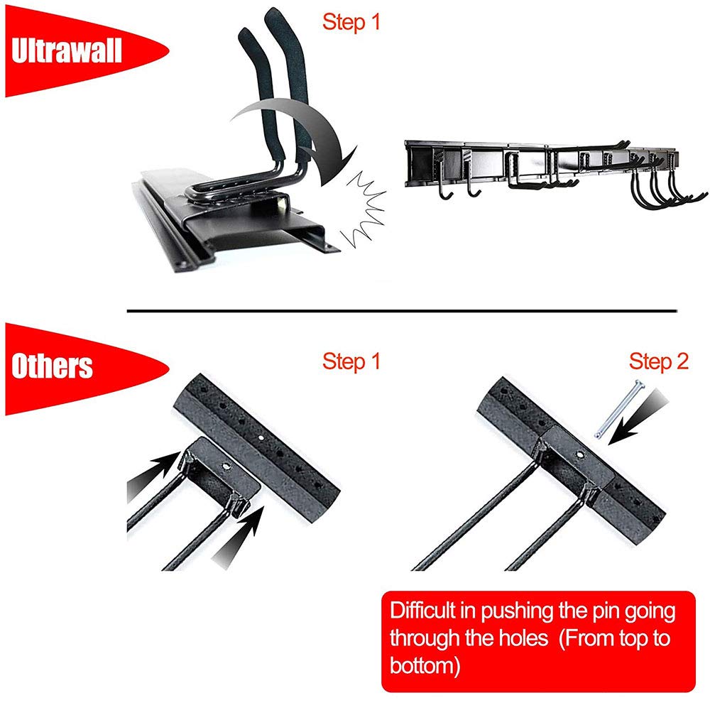 Ultrawall 13 PCS Tool Storage Rack, 64 Inches Adjustable Garage Organization Wall Mounted Storage System with 9 Hooks, Heavy Duty Steel Garden Tool Organizer Wall Holders