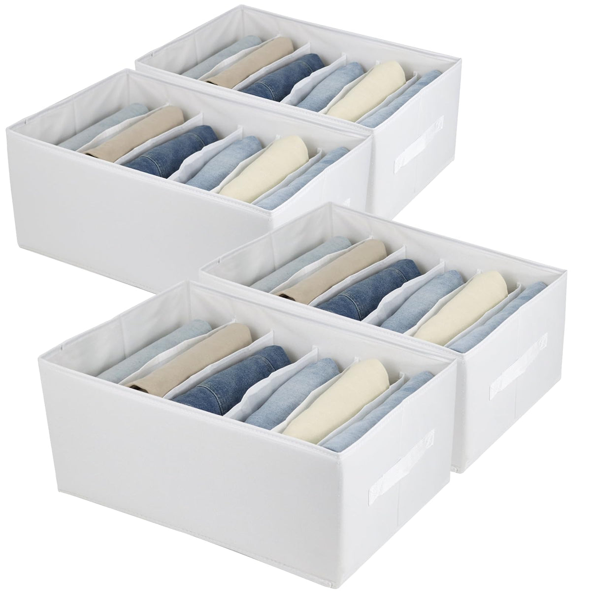 Extra Large Clothes Closet Organizer 6 Compartments for Jean Sweater Sheets to Shirt - Divided Clothing Storage Boxes for Closet, Wordrobe, Bedroom, Shelf (4pc White)