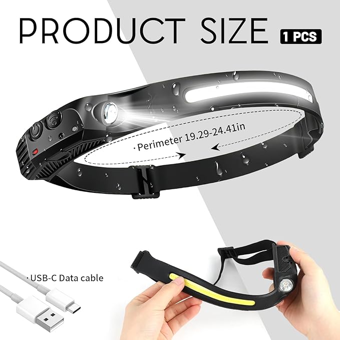 Headlamp 1PCS, 230° Wide Beam Head Lamp, Motion Sensor LED Headlamp Rechargeable, 5 Mode Headlight Flashlight for Camping Fishing Hiking Gear, Bright, and Ideal for Hard Hats and Forehead Use!