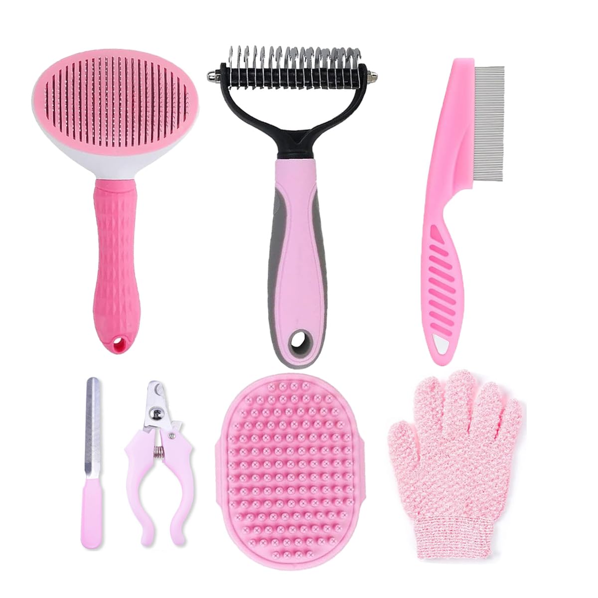 7 PCS Dog Brush Dog Grooming Kits,Dog Shedding Brush，Self-Cleaning Brush with Nail Clipper, Flea Comb and Shampoo Bath Brush