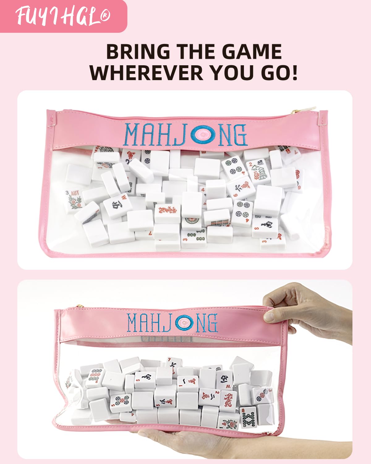 FUYIHGL® American Mahjong Tiles Bag with Zipper - Pink Empty Clear Carrying Case Only - Tiles Storage Holder with Embroidery Lettering - Up to 166 Tiles - Mah Jongg Accessories and Gifts for Women