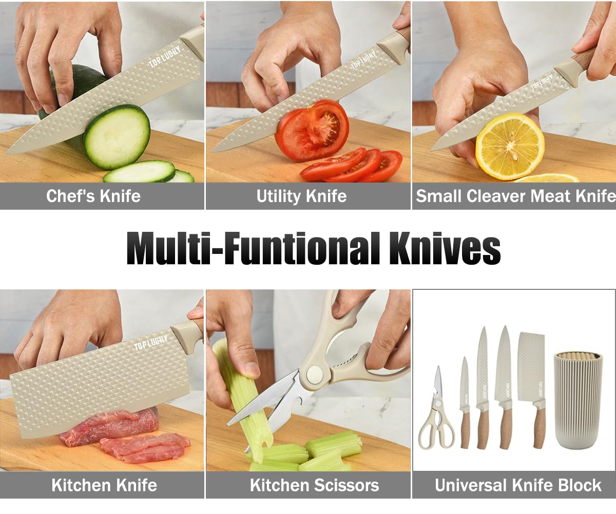 Knife Set, Wiztoynia 6-Piece Khaki Kitchen Knife Set for Home, Anti-Rust Non-stick Stainless Steel Sharp Chef Knife Sets with Universal Knife Block for Kitchen, Ergonomical Design (Khaki)