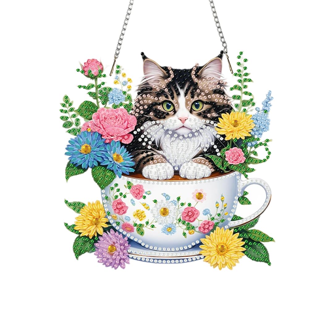 POETRYDRAW DIY Hanging Diamond Art Pendant Kit Flower Cup Cat, Special Crystal Acrylic Diamonds Painting Ornament for Adults, 5D Diamond Art Suncatchers Gem Painting Box Kit