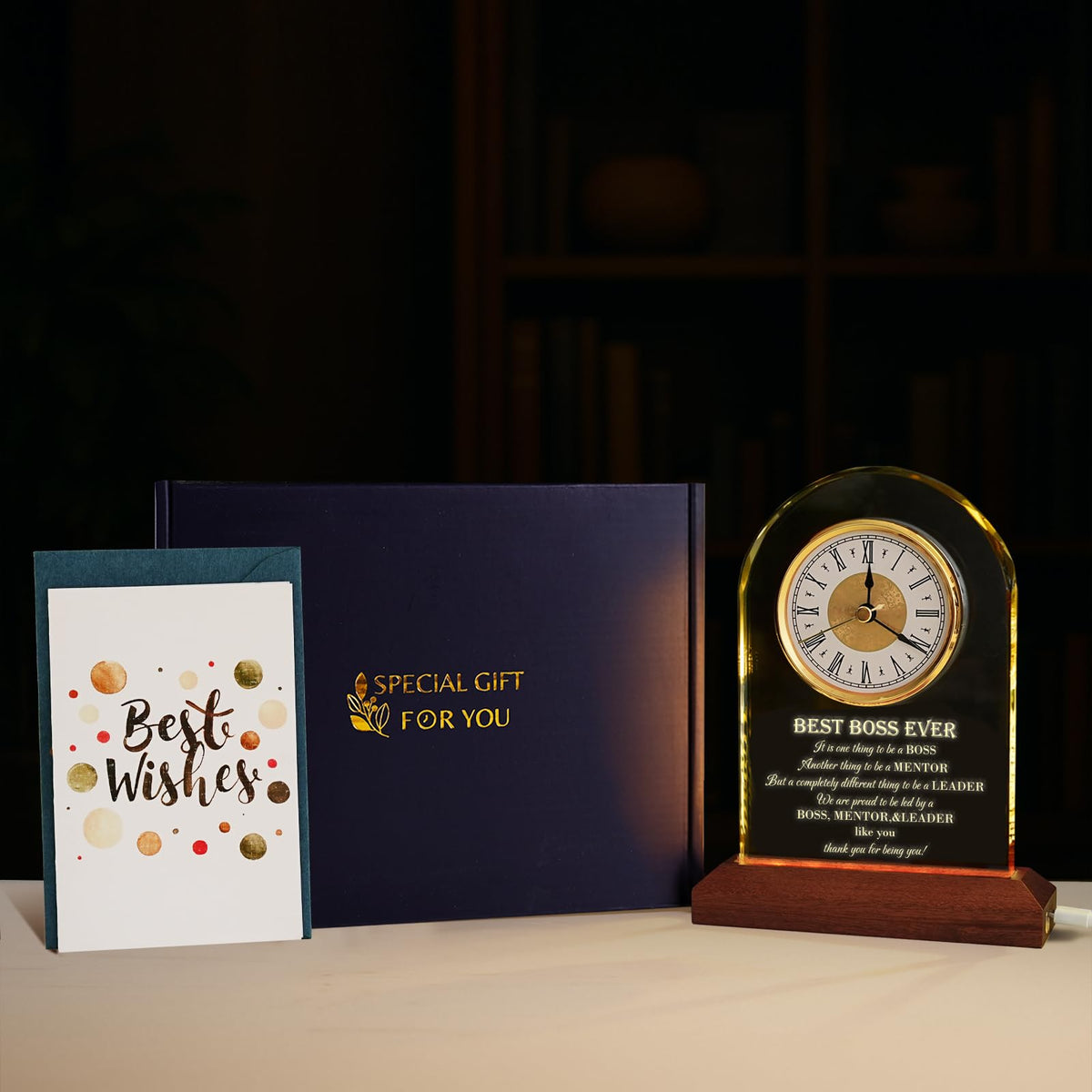 Best Boss Ever Gifts for Men & Women — Glass Desk Clock with Wooden Light Base | Boss Appreciation & Retirement Farewell for Male/Female Boss, Boss’s Day Idea, Office & Home Decor, Card & Gift Box