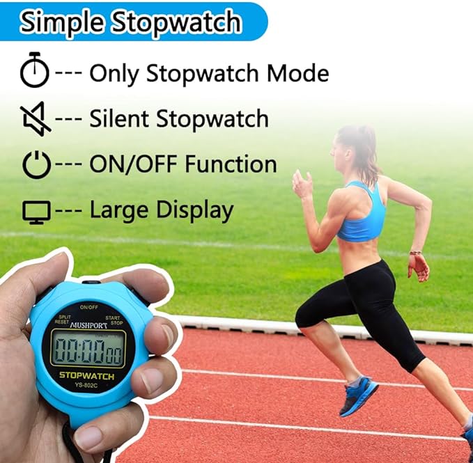 Stopwatch Timer Only Stopwatch Mode, ON/Off Silent Simple Operation, Without Clock Date Countdown, Digital Stop Watch for Sports Kids Coaches Swimming Running, Blue