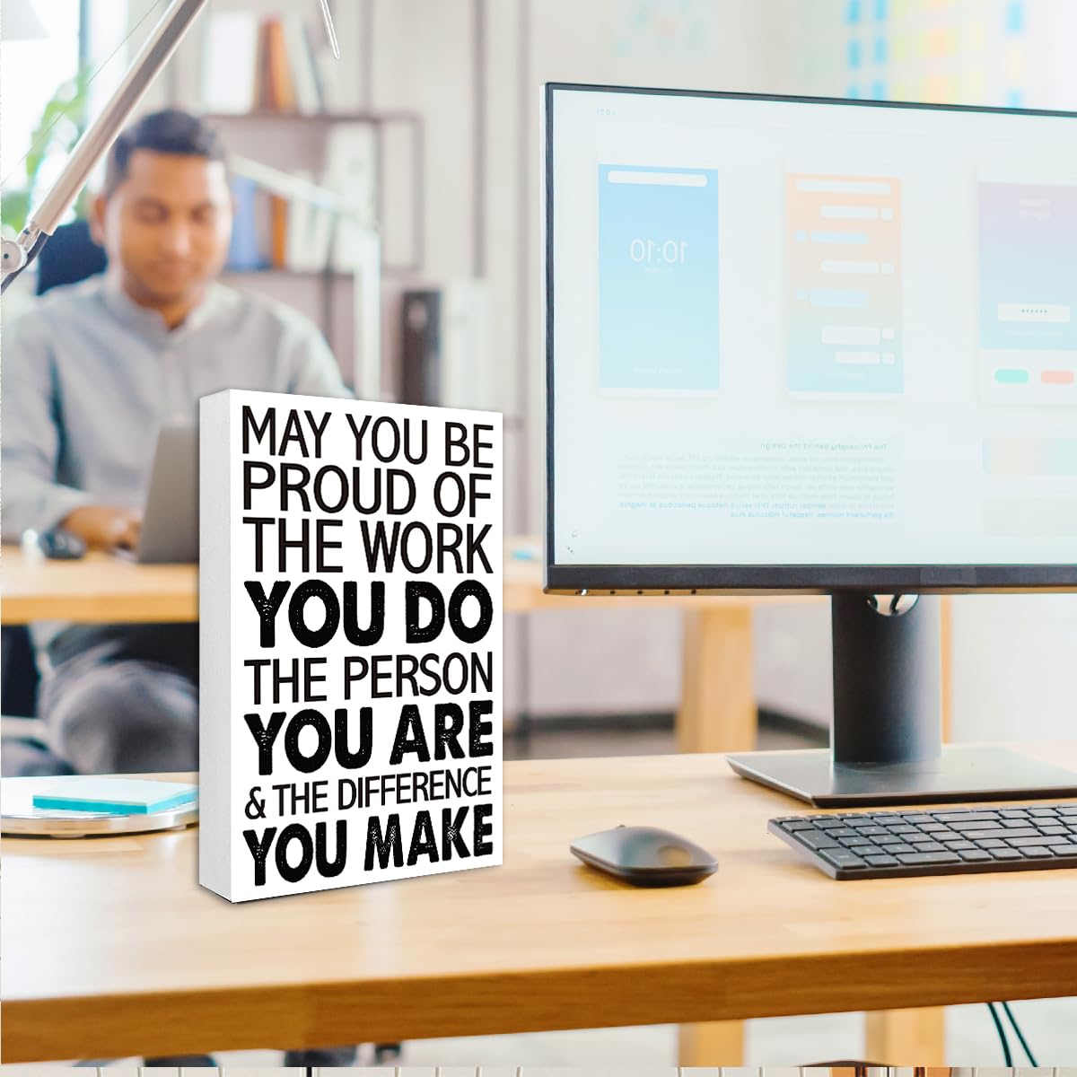 May You Be Proud Of The Work That You Do 10'' L x 6'' H Wooden Block Sign, Motivational Office Decor For Career Pride, Executive Desk Accent With Professional Achievement Quote