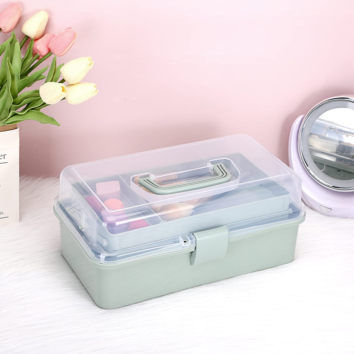 BTSKY 3-Layer Plastic Dividing Storage Box Craft Organizer and Storage with Adjustable Spacers Portable Handled Art Supply Organizer Multipurpose Home Utility Box for Medicine Sewing(Haze Green)