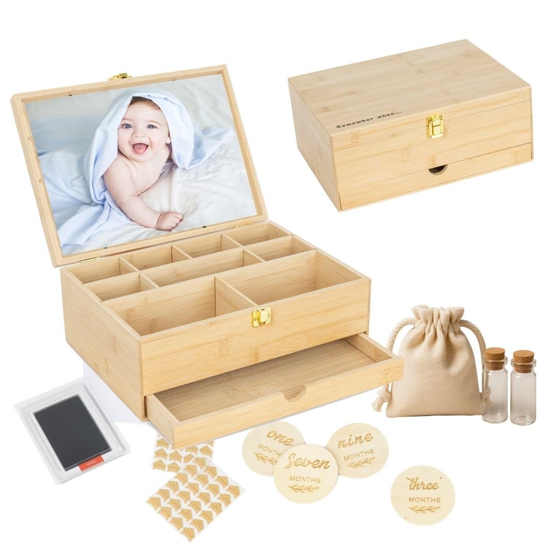 Baby Keepsake Box with 5 Additional Memory Items – Bamboo Memory Box for Baby Girls & Boys – Handprint Kit, Milestone Discs, Photo Corners, Glass Vials, Burlap Bag