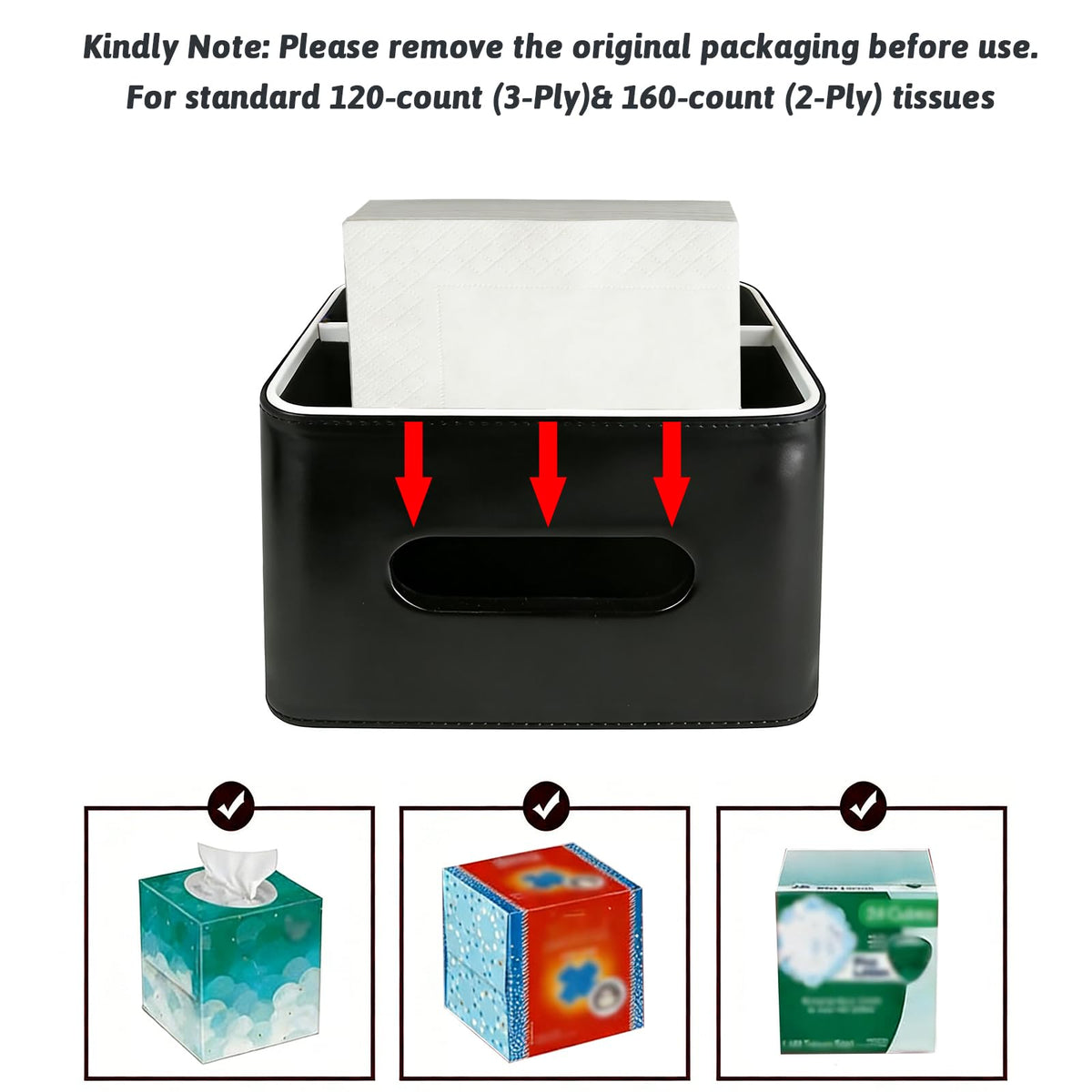 PU Leather Tissue Box Cover Square - Multifunctional Tissue Box Holder with Storage, Tissue and Remote Control Holder Organizer with Compartments for Bedroom Nightstand, Desk, Living Room (Black)