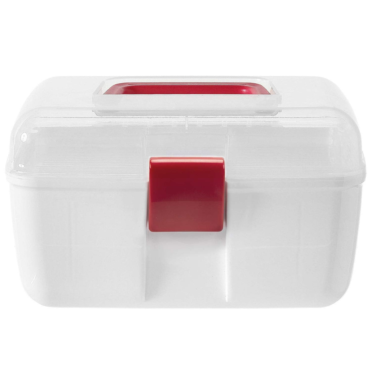 MyGift 10 Inch Multipurpose Portable White Plastic Storage Box with Removable Tray, Clear Lid and and Red Handle and Latch Lock, Home First Aid Storage Tool Box Sewing Kit Organizer Carrying Case