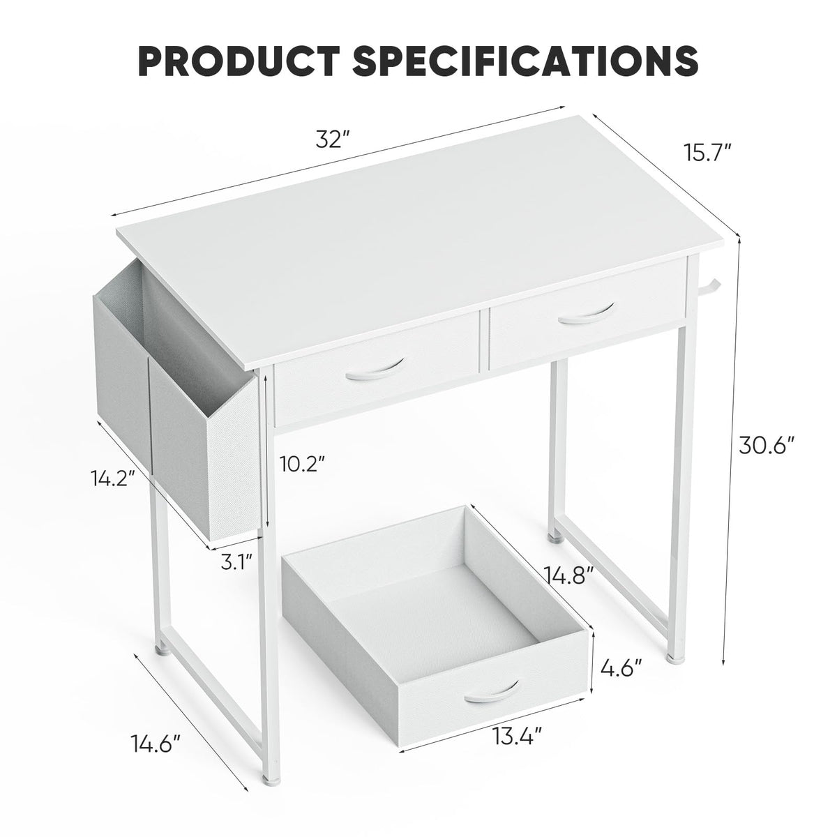 DUMOS 32" Home Office Computer Desk with Drawers, Small Gaming Writing Study Table with Storage Side Bag, Headphone Hook and Adjustable Feet for Bedroom White