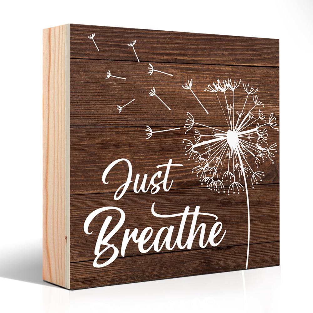 PUVOXHO Just Breathe Funny Dandelion Wooden Sign Desk Decor for Home Office Farmhouse Bedroom, Yoga Spa Room Decor, Inspirational Gifts for Women Boss Leader Supervisor Coworkers Family Friend BFF