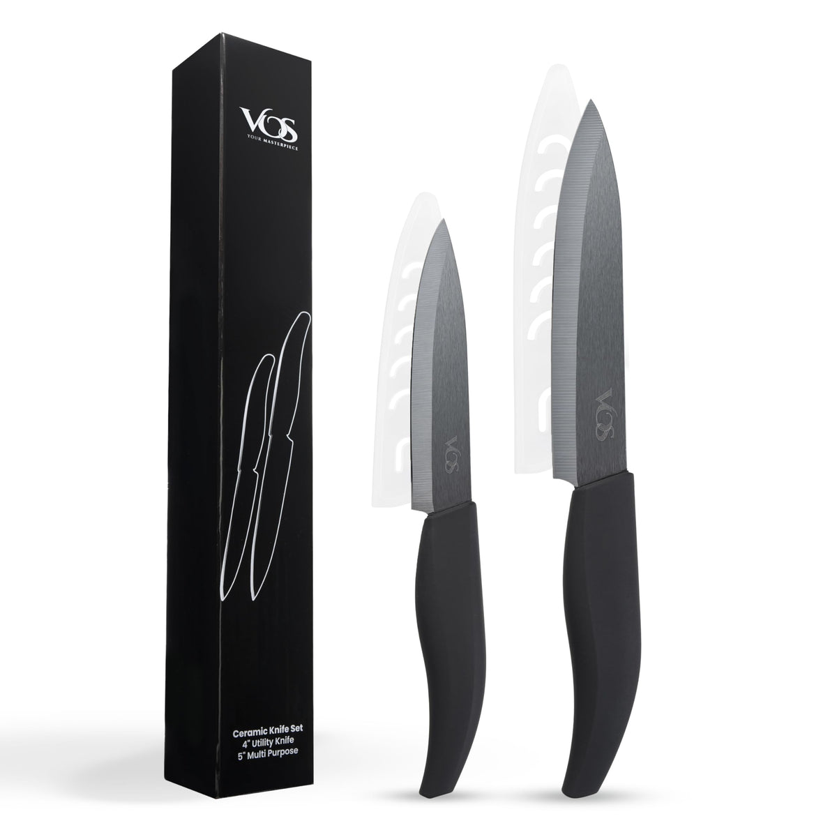Vos ceramic knives set for kitchen in gift box, set of 2 ceramic knife with cover, 5.5" santoku & 4.5" utility for home cooks, Ultra Sharp, lightweight, rust-free, dishwasher safe (Black handle)