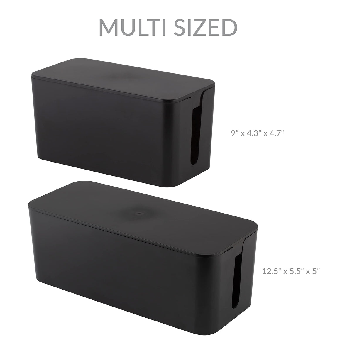 Simplify 2 Pack Cable Organizer Box | Multi-sized | Hidden Storage with Lid | Chargers & Wires | Computer & TV Cords | Black