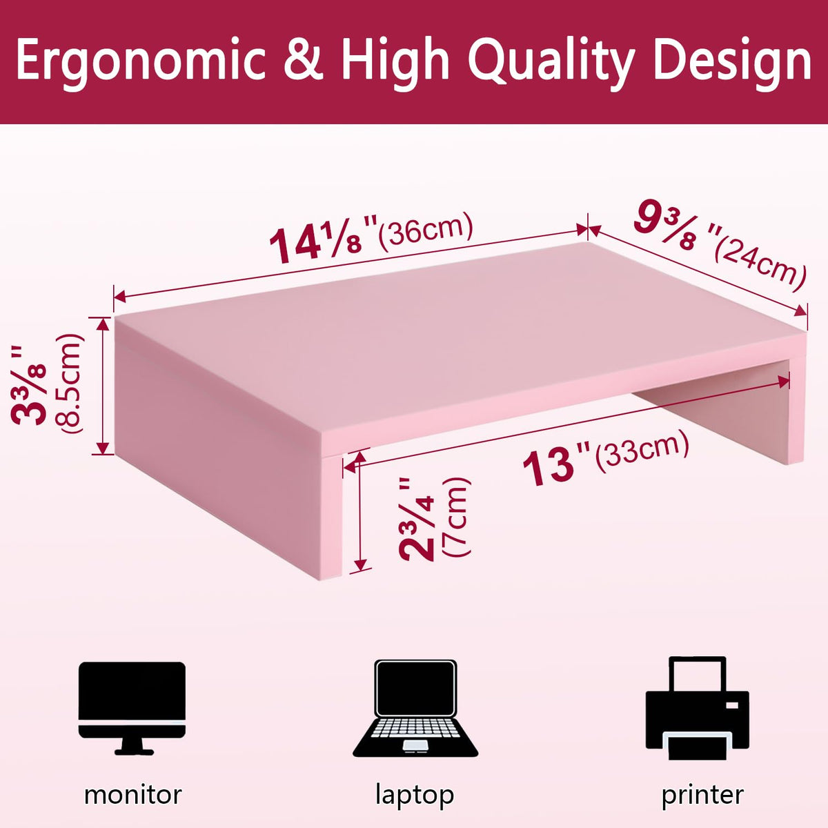 TEAMIX Pink Monitor Stand Riser, Wood Monitor Riser with Storage for Desk Small Monitor Stand TV/Screen/PC/Laptop Riser Computer Stand Desktop Shelf (Pink-14.2 inch)