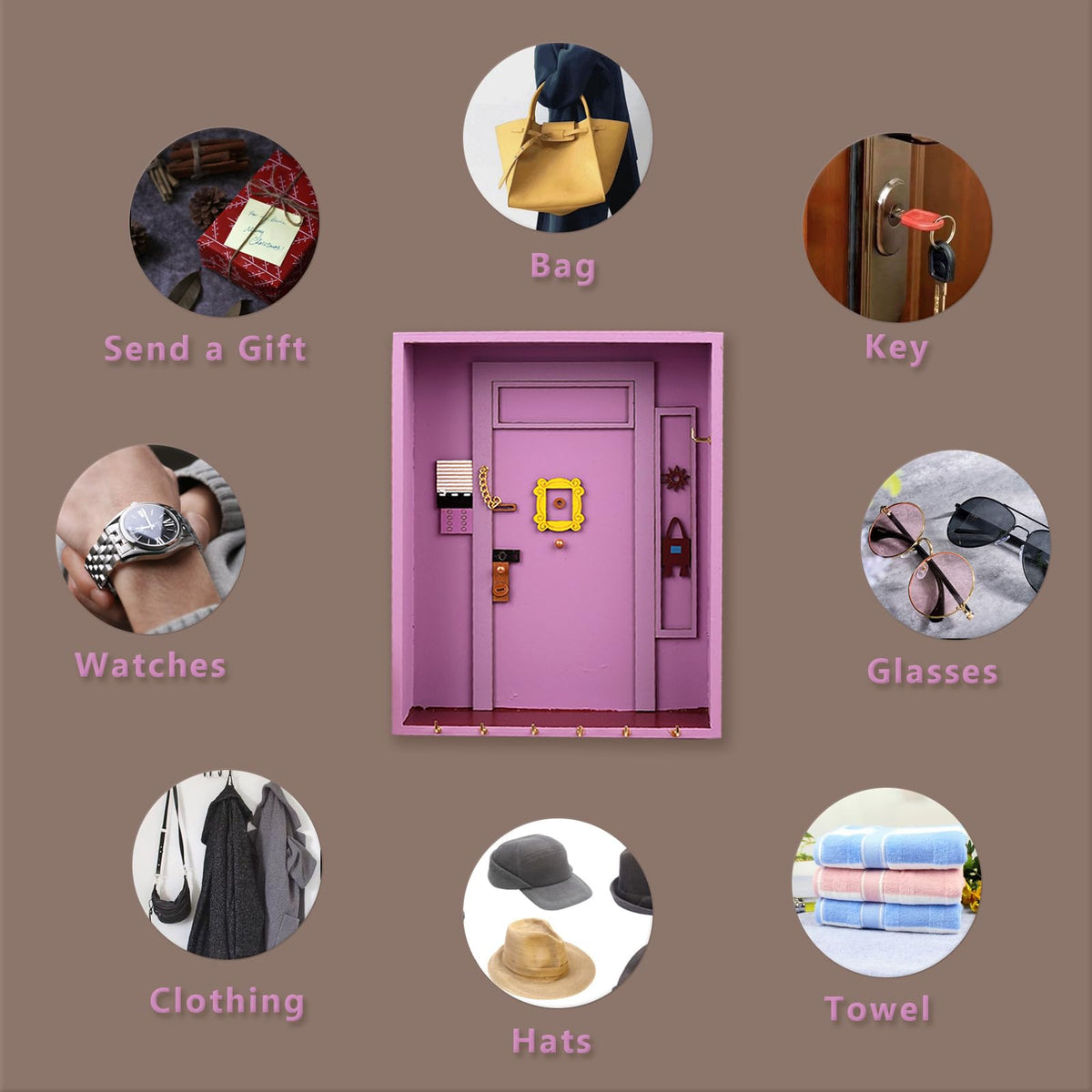 Key Holder, Friends TV Show Merchandise Cute Key Holder Friendship Gifts,Art Key Hold er,Handmade Wooden Key Hooks Key Hangers for Wall Decorative, Entryway, Bathroom, Living Room Office (Pink)