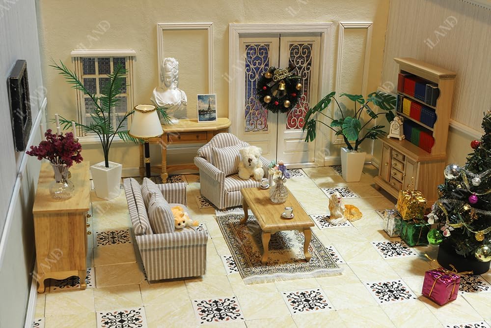 iLAND Miniature Wooden Dollhouse Furniture Set: Sofa, Cabinets, Coffee Table for Dollhouse Living Room (Classic Doll Furniture 7pcs)