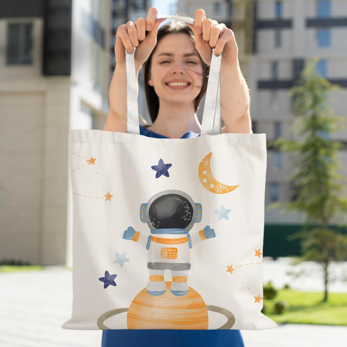 URLLUAE Space Gifts Tote Bag, Cute Astronaut Planet Canvas Tote Bag, Space Themed Gifts for Lovers Women, Reusable Grocery Bags Shopping Bag
